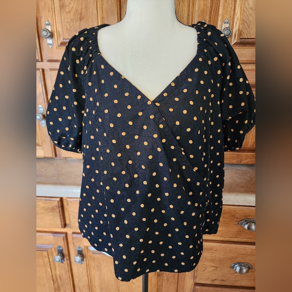 Madewell Corduroy Puff Sleeve Wrap Top Black Gold Dots Size XL